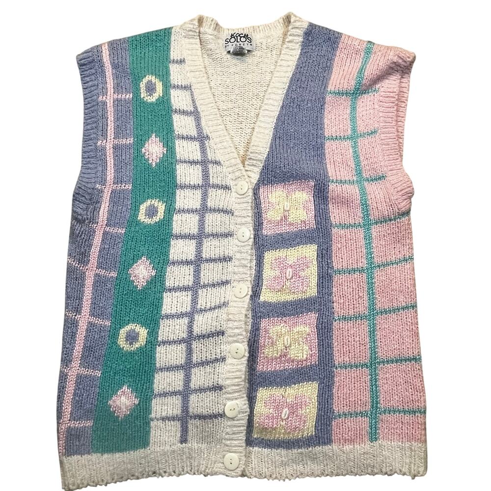 Vintage Solos‎ By Koret Patchwork Knit Sweater Vest Women L Cottagecore Spring